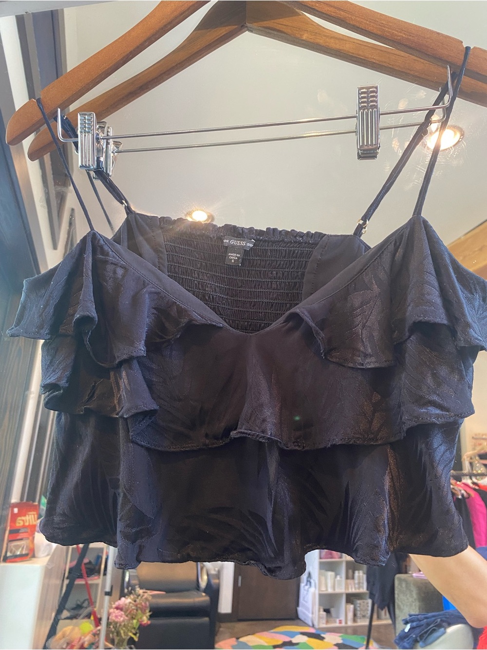 Guess Black Ruffled Spaghetti Strap Crop Camisole